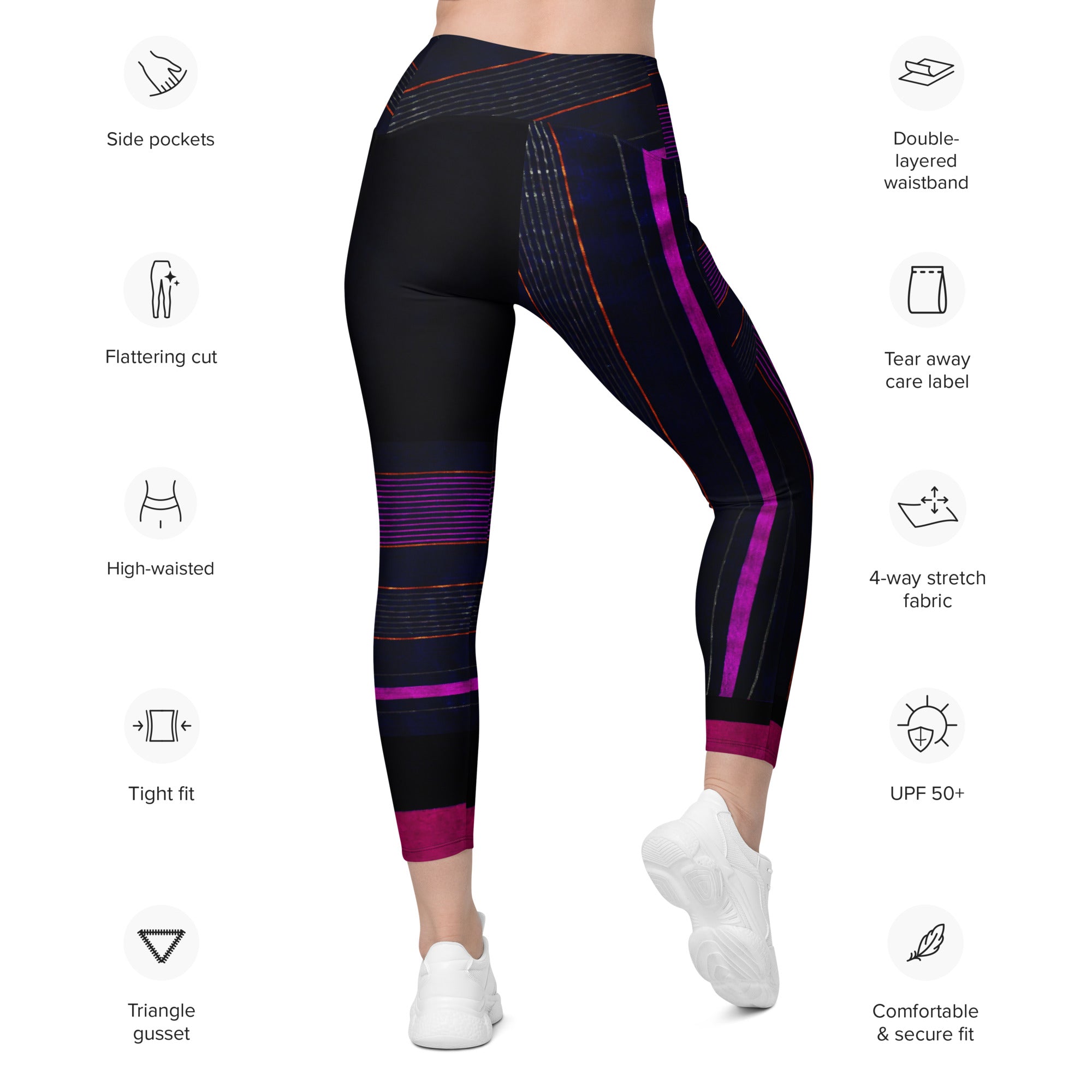Black Gym Leggings with Pockets. Purple Pin Stripes Dance Leggings. Crossover Waist Yoga Pants. "Peppermint" by WickedYo.